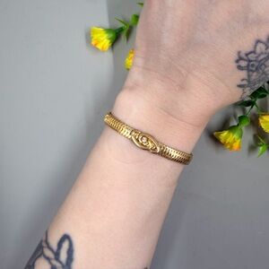 Gold Plated Vintage Herringbone Bracelet with Clasp and Crystal Accent